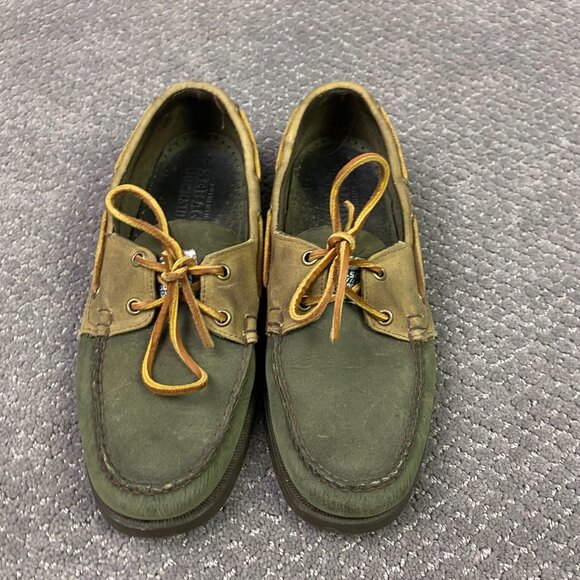 Filson Segago Docksides Shoes Mens 8 W Brown Green Boat Leather Canvas Tin Cloth - Picture 3 of 15